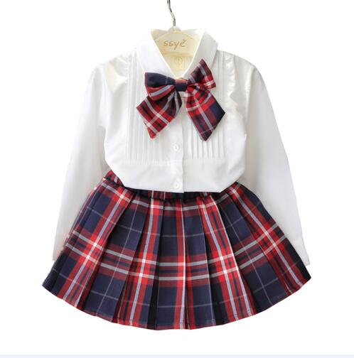 2019 Autumn Kids Baby Girl Clothes Long Sleeve T-shirt+Grid Skirt +bowknot Casual 3PCS suits Student Girls' Clothing Sets 3-7Y