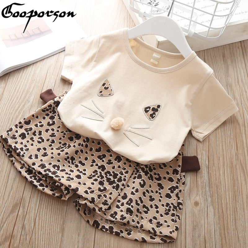 2019 Summer Fashion Brand New Girls' Clothing Children's Clothes Animal Cotton T-Shirt + Leopard  Pants Baby Kids Clothing Set