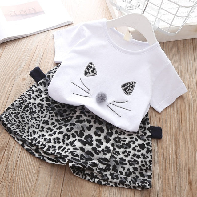 2019 Summer Fashion Brand New Girls' Clothing Children's Clothes Animal Cotton T-Shirt + Leopard  Pants Baby Kids Clothing Set