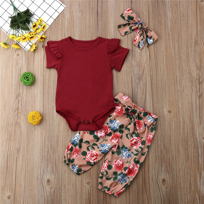 Fashion Newborn Baby Girls' Clothing Sets Suits Short Sleeve Solid Romper Tops Floral Pants Outfits Set Clothes 0-18M