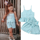 Summer Baby Girls Clothes 2019 Brand New Strap Stripe Bow-knot Belt Girls' Clothing Sets Tops+Shorts 6M-6Y 80-120 Size Drop Ship