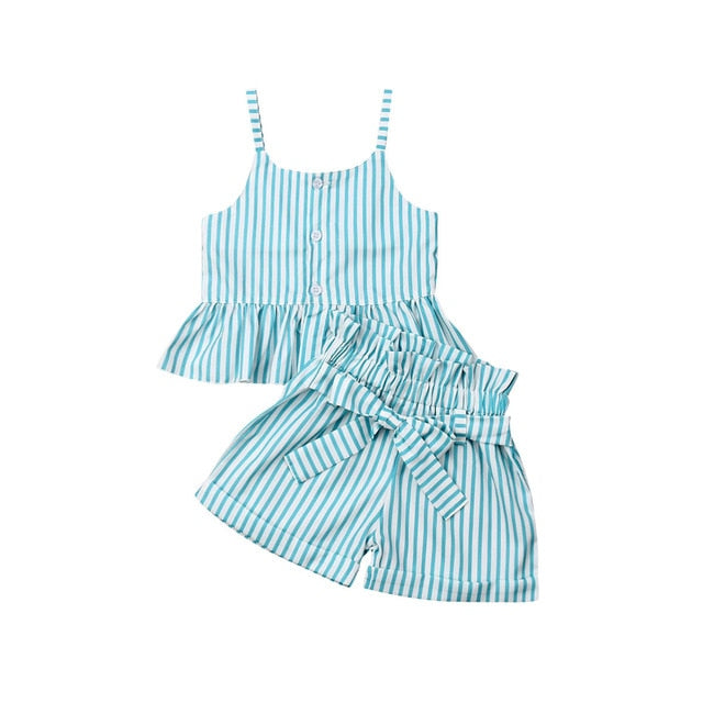 Summer Baby Girls Clothes 2019 Brand New Strap Stripe Bow-knot Belt Girls' Clothing Sets Tops+Shorts 6M-6Y 80-120 Size Drop Ship