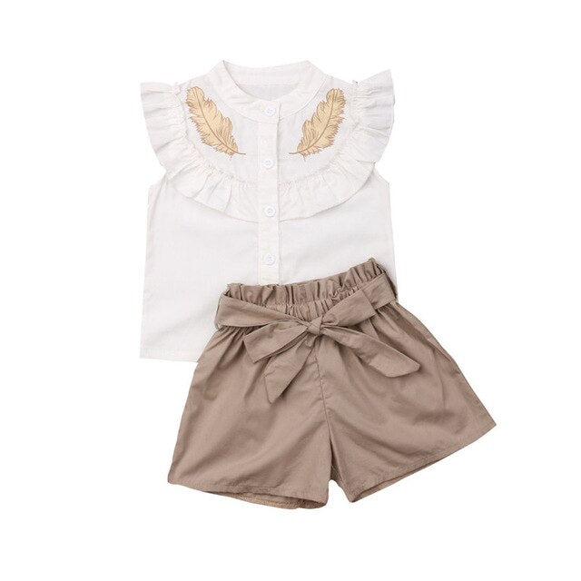 Casual Kids Baby Girls Clothes 2Pcs Sets Feather Print Summer Ruffles Tank Tops Vest Bow Wide Leg Shorts Girls' Outfits 1-6Y