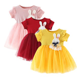 Baby Girls Clothing 2019 New Cute Girls' Summer Solid Color Rabbit Ears Printed T-shirt Spliced Gauze Dresses Baby Girl Dresses