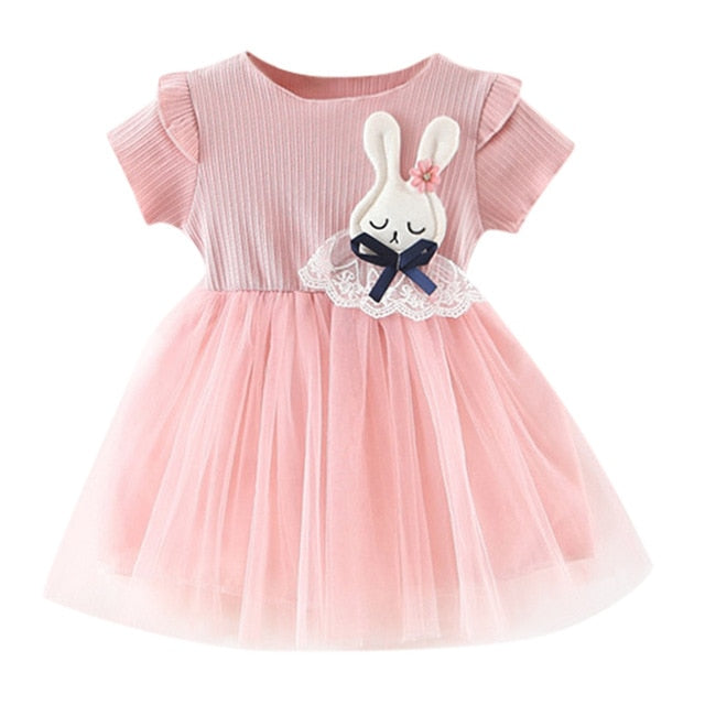 Baby Girls Clothing 2019 New Cute Girls' Summer Solid Color Rabbit Ears Printed T-shirt Spliced Gauze Dresses Baby Girl Dresses