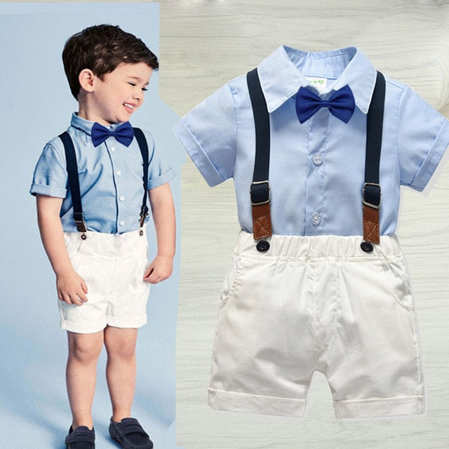 2019 boys' clothing summer cotton bow short-sleeved shirt bib four-piece kids clothing