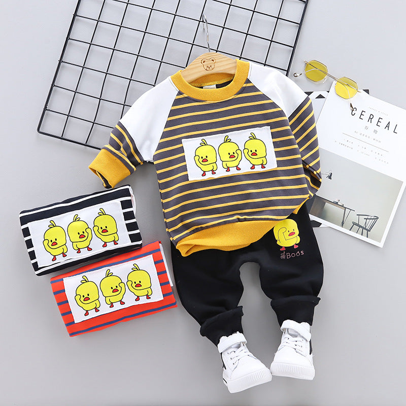 CHILDREN'S Suit 2019 Childrenswear Spring Clothing New Style Cotton Long Sleeve Two-Piece Set Cartoon Three Ducks Douyin Boys' C