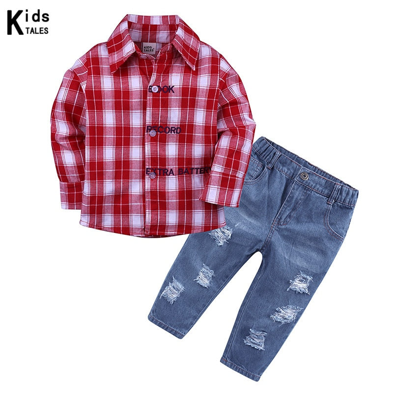 Children's clothing for girls suits for Boys' clothes summer plaid T-shirt + Jeans casual clothing for 2-7y baby clothes