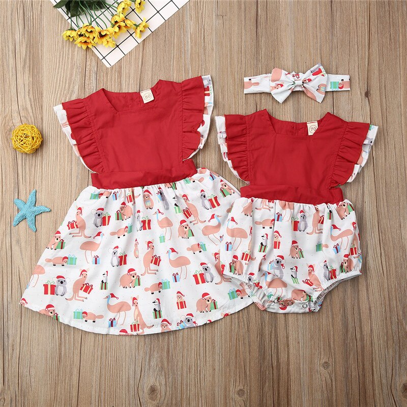 Baby Sisters Matching Clothing Dress And Romper Bodysuit Headband Coloful Skirts Animal Patterns Baby Girls' Clothes