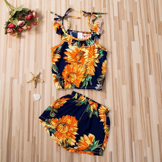 1-4T Cute Baby Girls' 2Pcs Sunflower Printing Outfits Strappy Ruffle Sleeveless Tops Loose Shorts Set Kids Baby Summer Clothing