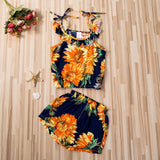 1-4T Cute Baby Girls' 2Pcs Sunflower Printing Outfits Strappy Ruffle Sleeveless Tops Loose Shorts Set Kids Baby Summer Clothing