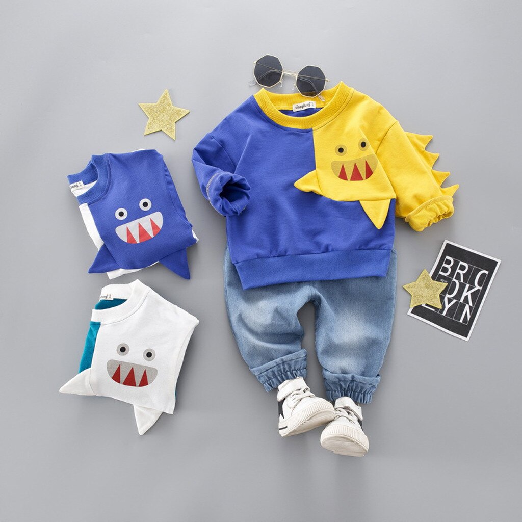 Perimedes Vetement Enfant Fille In Boys' Clothing Child Kids Winter Boys Cartoon Shark Long Sleeve Tops Denim Pants Outfits Set