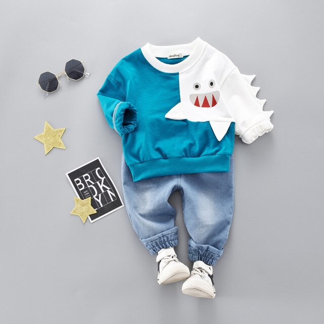 Perimedes Vetement Enfant Fille In Boys' Clothing Child Kids Winter Boys Cartoon Shark Long Sleeve Tops Denim Pants Outfits Set