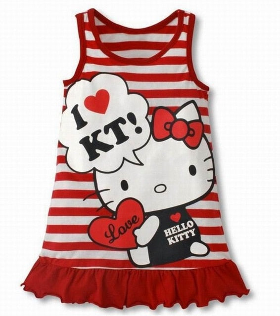 2018  Fashion Baby Girls Cartoon Hello Kitty Stripe Dress Children's Vest  dress Girls' Clothing Red Pink