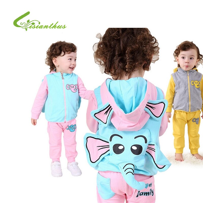 Autumn New boys' girls' Cartoon elephant Clothing Set Long Sleeve tracksuit cotton T-shirt + Vest + Pants 3pcs Free Shippin