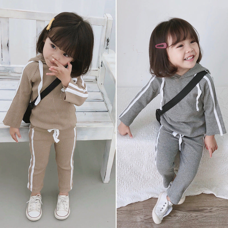 Two-pieces Sets for  Baby Cotton Clothing 2018 New Autumn Girls' Pit Solid Shirt with Hooded +white Side Bowe Tie Pants for Kids