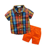 Summer 2019 Ins Foreign Trade Pure Cotton Children's Clothing Set Boys' plaid Shirt Sets Turn-Down Collar Gentleman's Suit 2-7Y